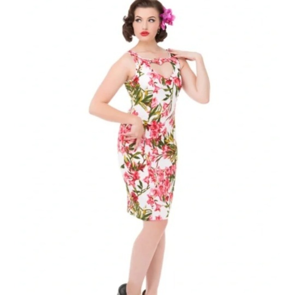 Hearts & Roses Sz 14 Dress Tropical Keyhole Floral Sheath Pin-Up Rockabilly